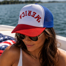 Load image into Gallery viewer, MERICA Trucker Hat | Embroidered Patriotic Hat | 4th of July Hat | Red White Blue Mesh Cap | USA Snapback | Summer BBQ Gift