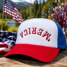 Load image into Gallery viewer, MERICA Trucker Hat | Embroidered Patriotic Hat | 4th of July Hat | Red White Blue Mesh Cap | USA Snapback | Summer BBQ Gift