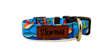 Load image into Gallery viewer, Personalized Fisherman's Catch Dog Collar with Fish n Bobbins, Leather Name and Number Patch + Optional Leash
