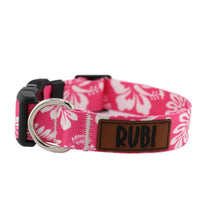 Load image into Gallery viewer, Personalized Dog Collar in a Blue Hawaiian or Pink Hawaiian Tropical Pattern with Engraved Name, Optional Matching Leash