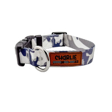 Load image into Gallery viewer, Personalized Camo Dog Collar with Custom Leather Name Patch & Matching Leash Engraved Dog Collar with Phone Number