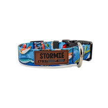 Load image into Gallery viewer, Personalized Fisherman's Catch Dog Collar with Fish n Bobbins, Leather Name and Number Patch + Optional Leash