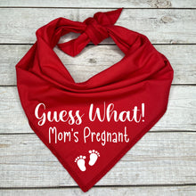 Load image into Gallery viewer, Guess What! Mom’s Pregnant announcement Dog Bandana with baby feet , baby announcement