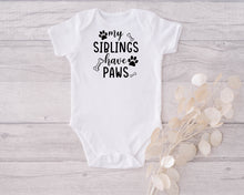 Load image into Gallery viewer, My Siblings have Paws Baby Bodysuit, Birth Announcement, Baby Shower Gift