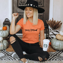 Load image into Gallery viewer, Trick or Treat Bella Canvas Tee Shirt, Witches Broom, Halloween Tee Shirt