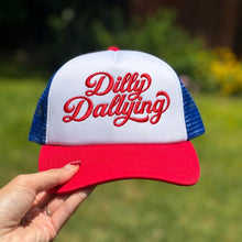 Load image into Gallery viewer, Dilly Dallying Embroidered Trucker Hat | Funny Western Hat | Country Girl Snapback | Cute Summer Hat | Farm Life Cap
