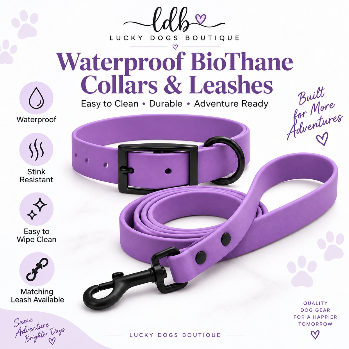 Light Purple BioThane® Dog Collar + Matching Leash | Waterproof Dog Collar Set