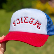 Load image into Gallery viewer, MERICA Trucker Hat | Embroidered Patriotic Hat | 4th of July Hat | Red White Blue Mesh Cap | USA Snapback | Summer BBQ Gift
