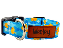 Load image into Gallery viewer, Personalized Duckies Dog Collar, Leather Name and Number Patch + Optional Leash
