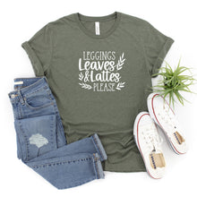 Load image into Gallery viewer, Leggings Leaves and Lattes Please Bella Canvas Tee Shirt, Fall Shirt
