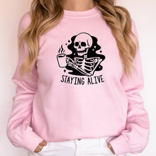 Load image into Gallery viewer, Staying Alive Sweatshirt, Fall Sweater, Skeleton with Coffee
