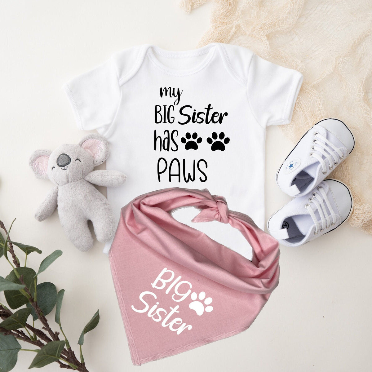 Big Sister dog bandana and matching baby bodysuit announcement set