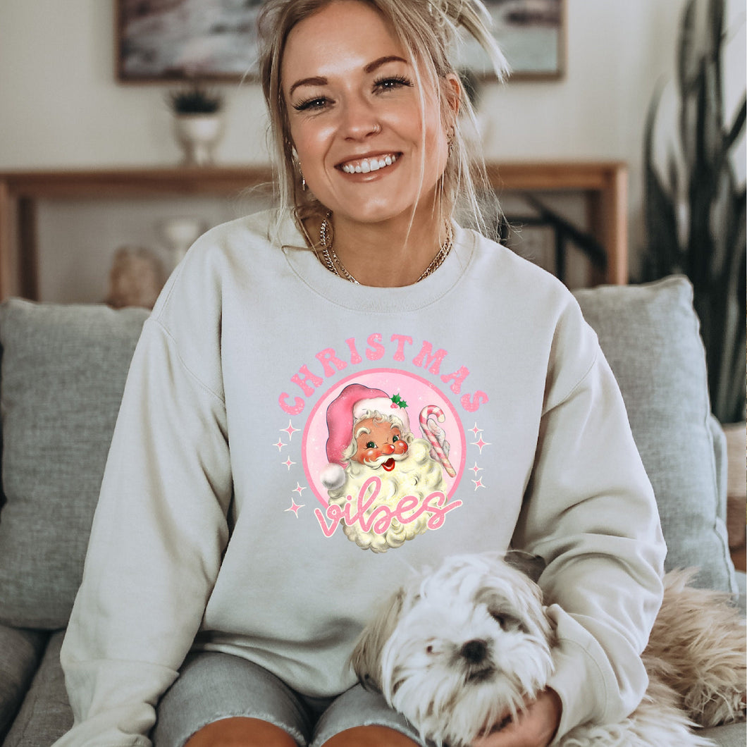 Womens Christmas Sweatshirt, Pink Christmas Vibes Print featuring Santa Clause, Christmas Gift for Her