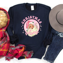 Load image into Gallery viewer, Womens Christmas Sweatshirt, Pink Christmas Vibes Print featuring Santa Clause, Christmas Gift for Her
