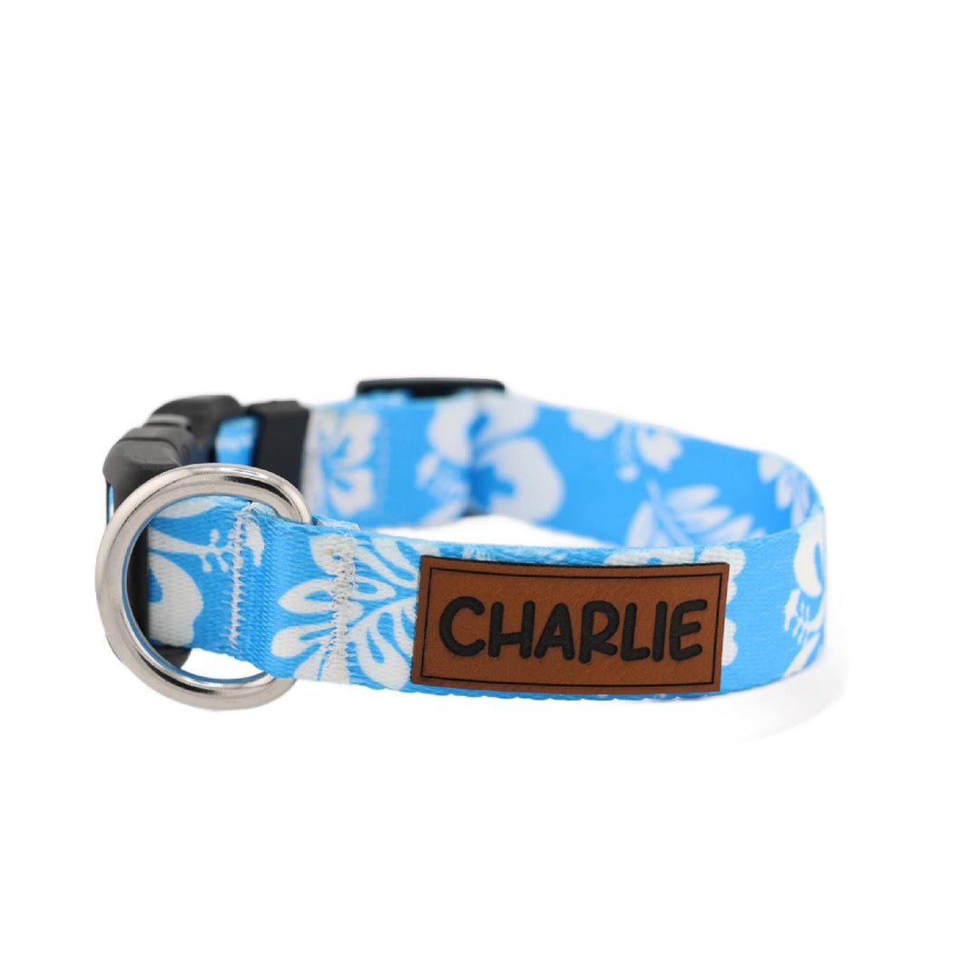 Personalized Dog Collar in a Blue Hawaiian or Pink Hawaiian Tropical Pattern with Engraved Name, Optional Matching Leash