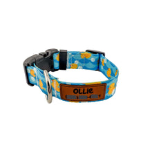 Load image into Gallery viewer, Personalized Duckies Dog Collar, Leather Name and Number Patch + Optional Leash
