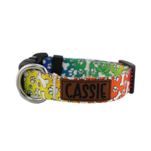 Load image into Gallery viewer, Custom Dog Collar And Matching Leash Set in a Rainbow Print with Pets Name

