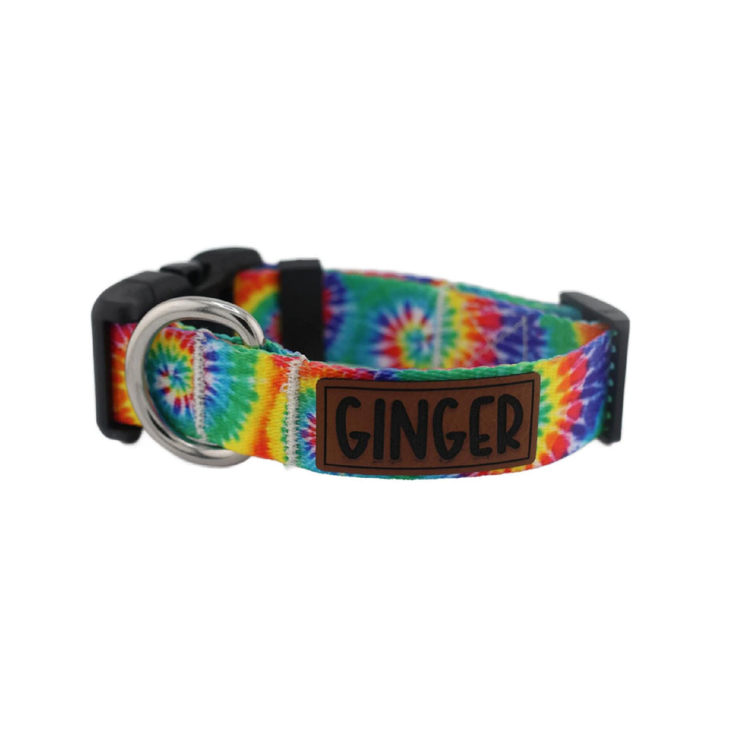 Custom Dog Collar And Matching Leash Set in a Rainbow Print with Pets Name