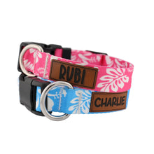 Load image into Gallery viewer, Personalized Dog Collar in a Blue Hawaiian or Pink Hawaiian Tropical Pattern with Engraved Name, Optional Matching Leash
