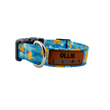 Load image into Gallery viewer, Personalized Duckies Dog Collar, Leather Name and Number Patch + Optional Leash
