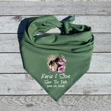 Load image into Gallery viewer, Custom Photo Dog Bandana | Save the Date with Couple&#39;s Image &amp; Names | Wedding Announcement Pet Accessory | Personalized Bandana
