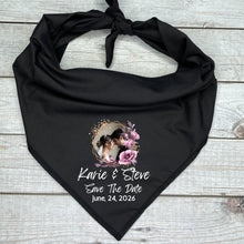 Load image into Gallery viewer, Custom Photo Dog Bandana | Save the Date with Couple&#39;s Image &amp; Names | Wedding Announcement Pet Accessory | Personalized Bandana
