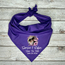 Load image into Gallery viewer, Custom Photo Dog Bandana | Save the Date with Couple&#39;s Image &amp; Names | Wedding Announcement Pet Accessory | Personalized Bandana
