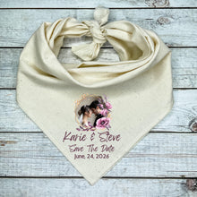 Load image into Gallery viewer, Custom Photo Dog Bandana | Save the Date with Couple&#39;s Image &amp; Names | Wedding Announcement Pet Accessory | Personalized Bandana

