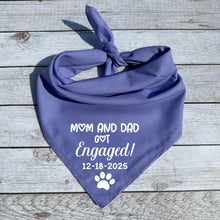Load image into Gallery viewer, Custom Dog Bandana | Mom &amp; Dad Got Engaged! with Date | Engagement Dog Outfit | Proposal Pet Accessory | Wedding Photo Prop
