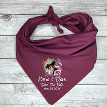 Load image into Gallery viewer, Custom Photo Dog Bandana | Save the Date with Couple&#39;s Image &amp; Names | Wedding Announcement Pet Accessory | Personalized Bandana
