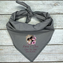 Load image into Gallery viewer, Custom Photo Dog Bandana | Save the Date with Couple&#39;s Image &amp; Names | Wedding Announcement Pet Accessory | Personalized Bandana
