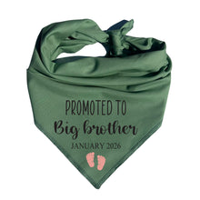 Load image into Gallery viewer, Promoted to Big Brother Dog Bandana | Custom Baby Feet &amp; Date | Pregnancy Announcement for Dogs | New Baby Reveal Gift for Pet Owners
