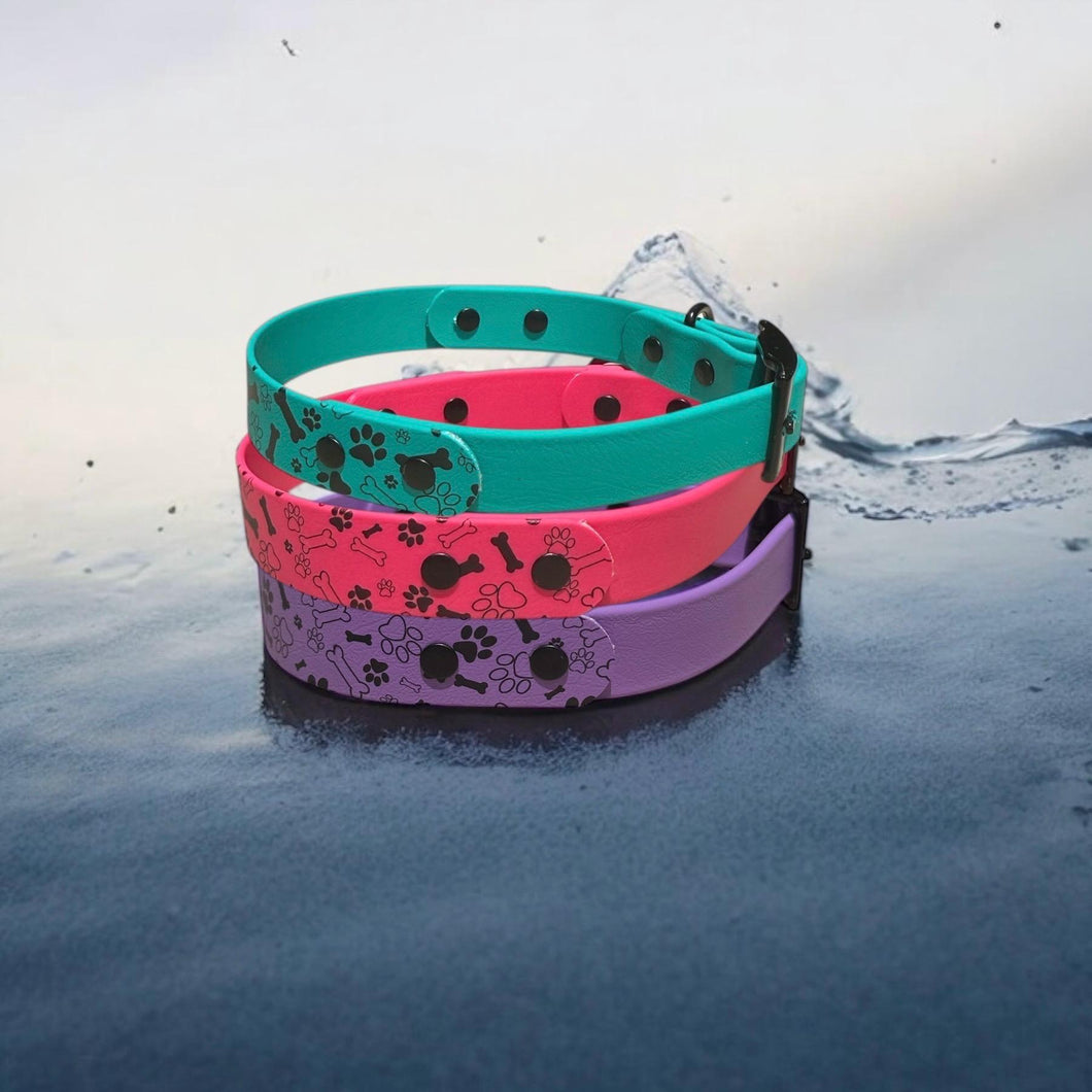 Printed BioThane® Dog Collar  Waterproof, Stink-Proof & Durable | 1 Wide | Fun Pattern + Solid | Black Hardware | 3 Color Options