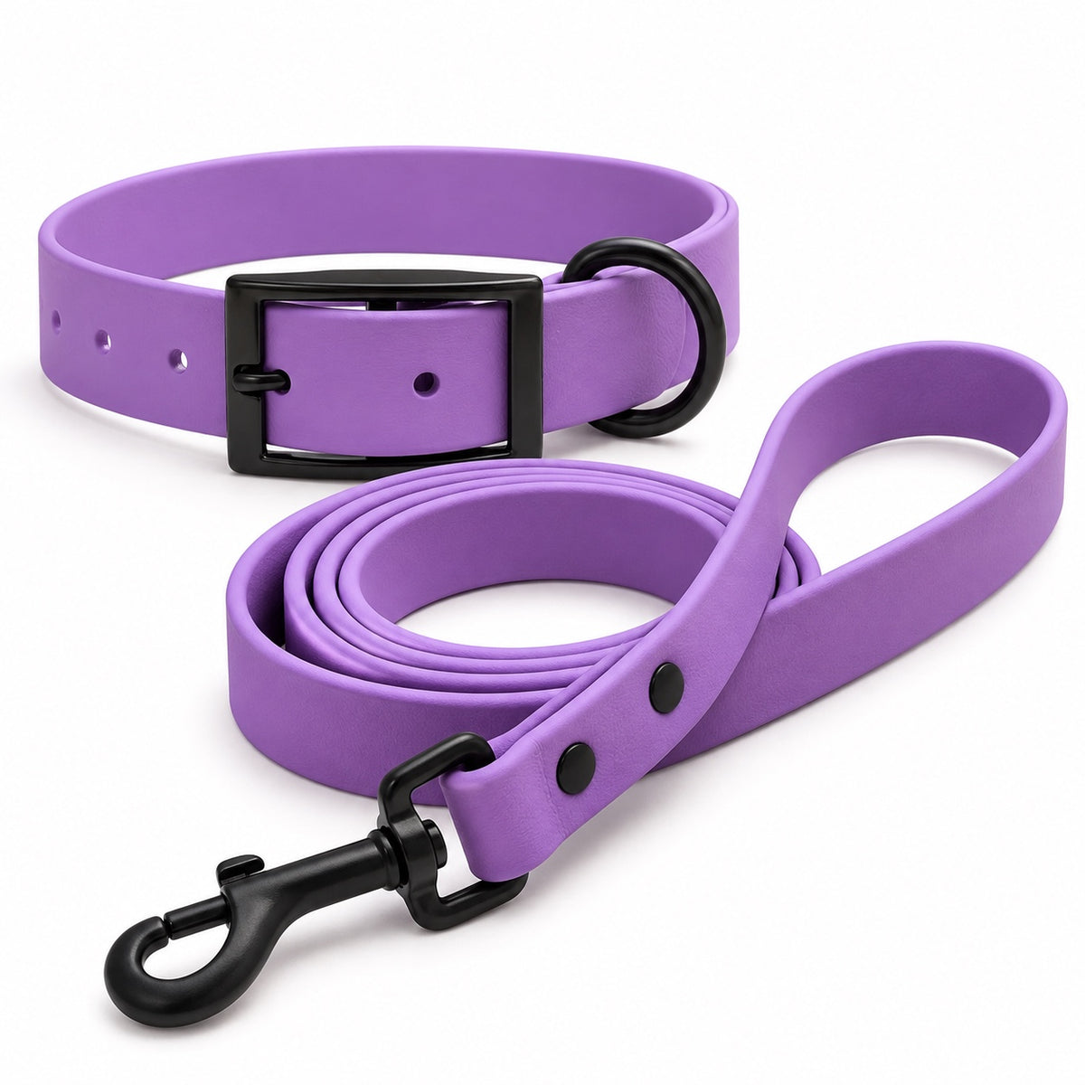 Light purple waterproof BioThane dog collar and matching leash with black hardware
