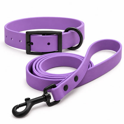 Light purple waterproof BioThane dog collar and matching leash with black hardware