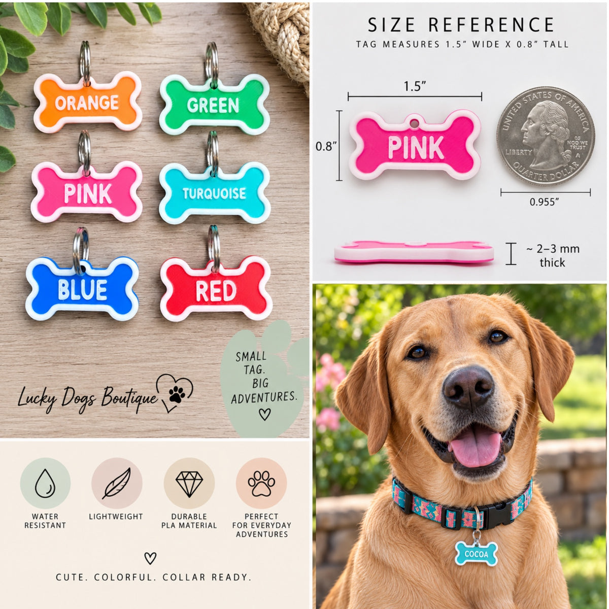 Personalized dog bone tag color choices, size reference, features, and lifestyle photo