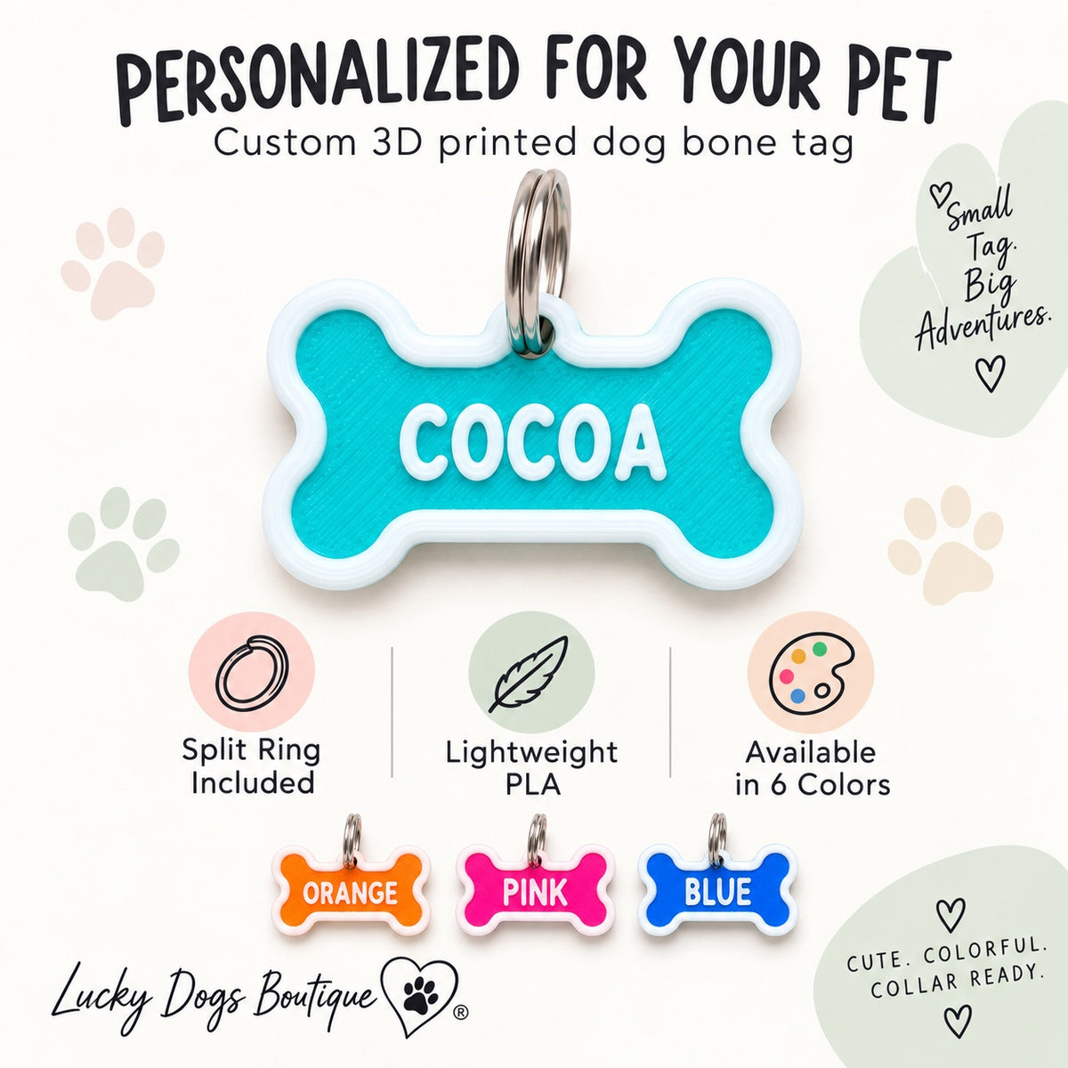Personalized 3D printed dog bone tag with split ring, lightweight PLA, and color options