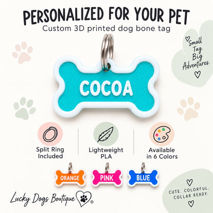 Personalized 3D printed dog bone tag with split ring, lightweight PLA, and color options
