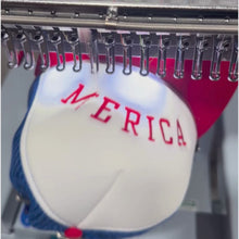 Load and play video in Gallery viewer, MERICA Trucker Hat | Embroidered Patriotic Hat | 4th of July Hat | Red White Blue Mesh Cap | USA Snapback | Summer BBQ Gift
