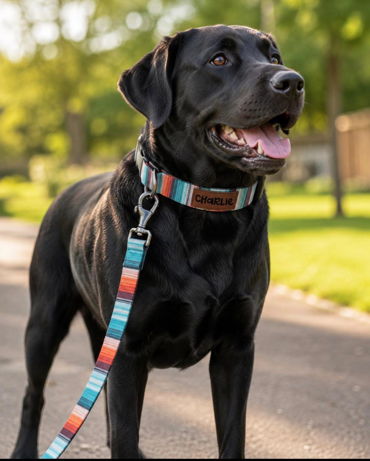 Black dog wearing personalized Southwestern collar with matching leash
