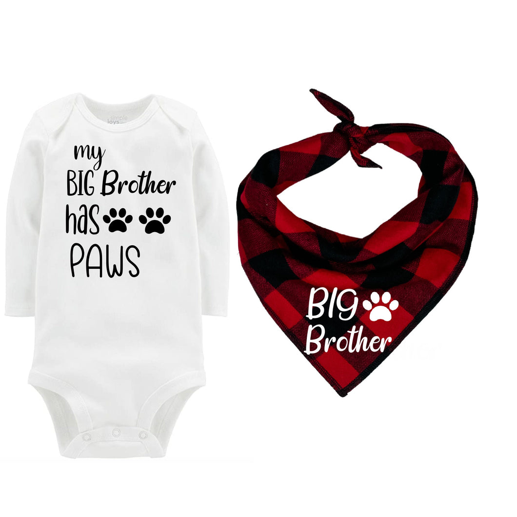 Buffalo Plaid Big Brother Dog Bandana with Matching Bodysuit, Pet Gift