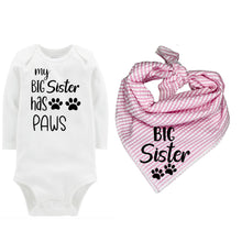 Load image into Gallery viewer, Big Sister Dog Bandana with Matching Bodysuit, Pink Seer Sucker Big Sister Bandana Set, Birth Announcement
