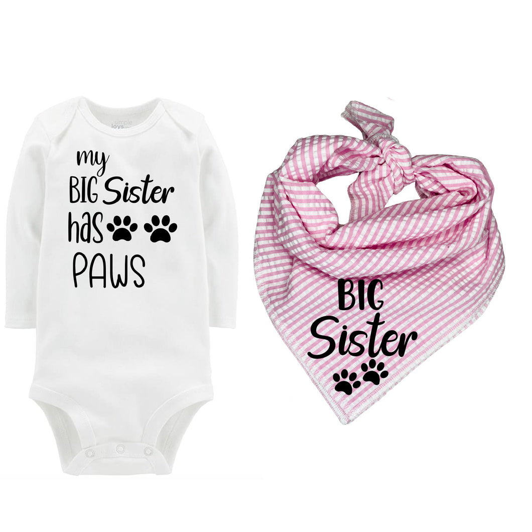 Big Sister Dog Bandana with Matching Bodysuit, Pink Seer Sucker Big Sister Bandana Set, Birth Announcement