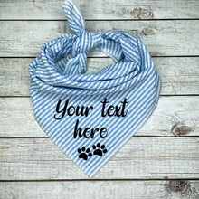 Load image into Gallery viewer, Blue Seer Sucker Personalized Dog Bandana with Paw Print, Custom Dog Bandana
