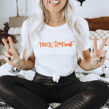 Load image into Gallery viewer, Trick or Treat Bella Canvas Tee Shirt, Witches Broom, Halloween Tee Shirt
